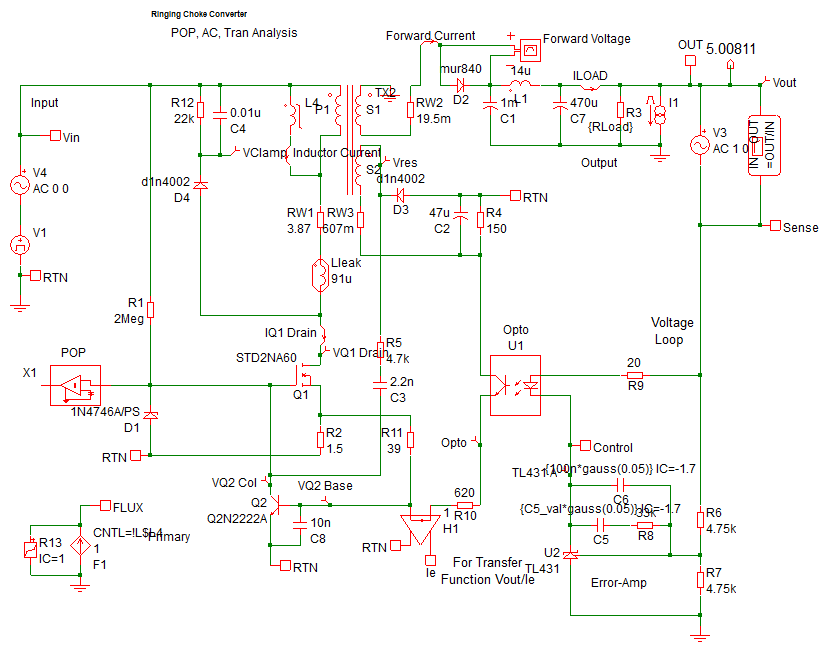 Self Oscillating Converter Schematic for Transient, POP, and AC Analysis