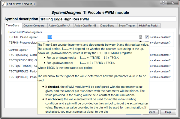 ePWM Register Configuration Dialog
